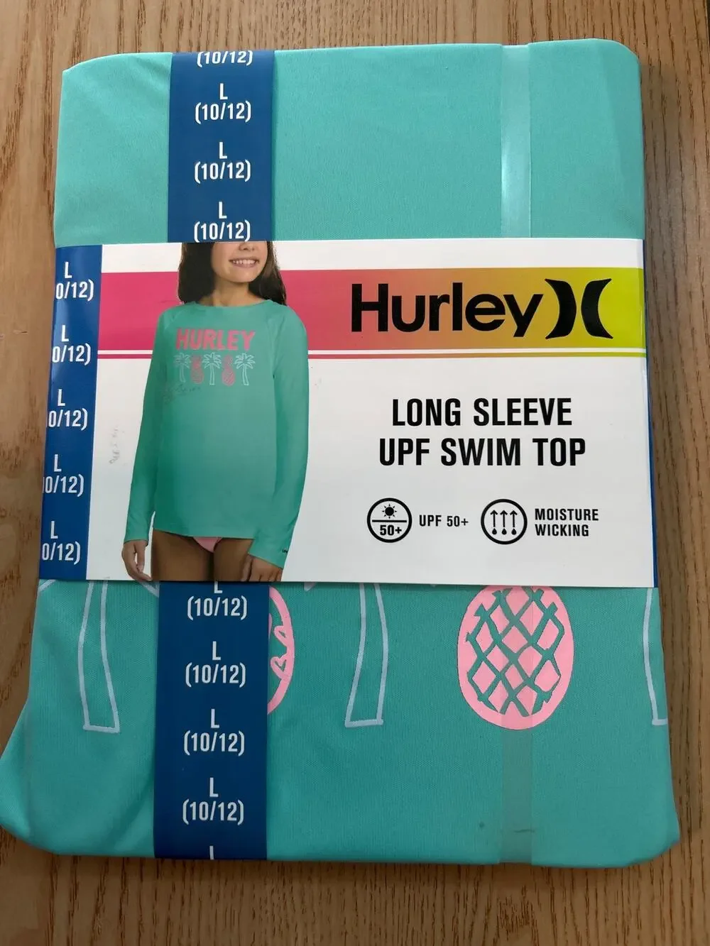 #2 New Girls Hurley Tropic Print Swim Top L Sleeve UPF 50+ Turquoise Large 10-12